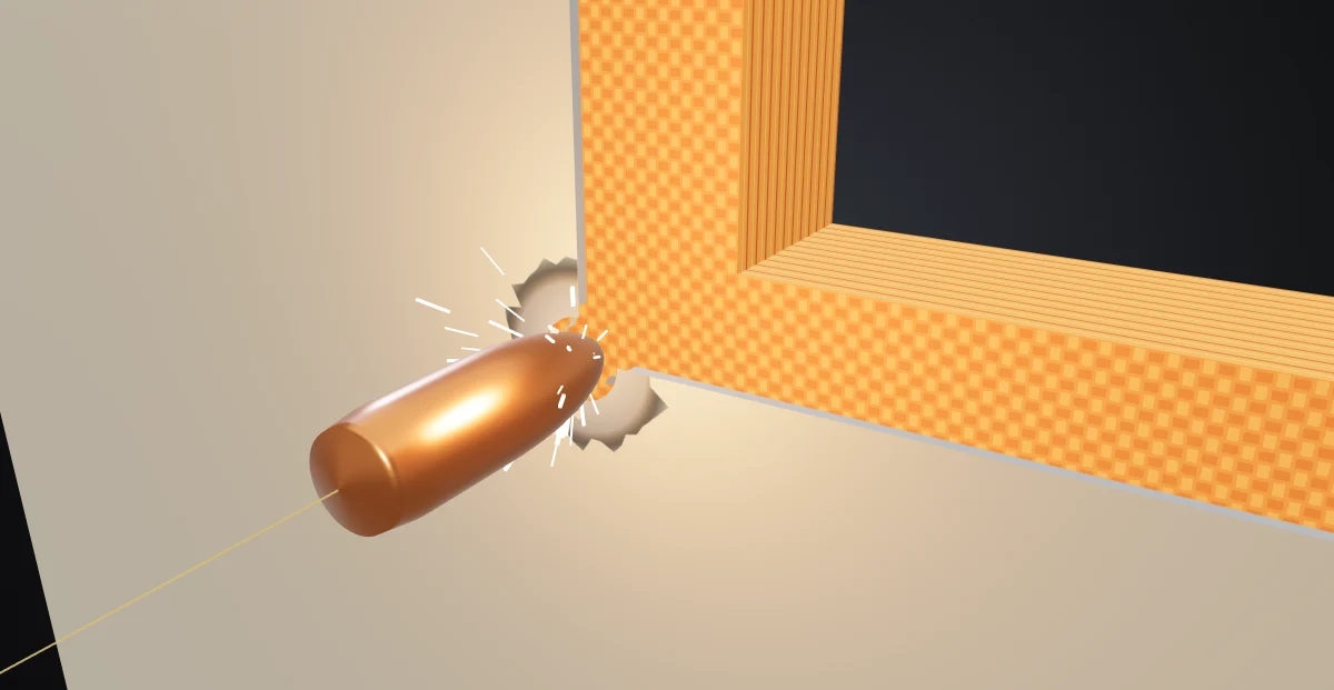 Bullet going through the outer sheet metal of an armored door, in front of the Tensylon® layers