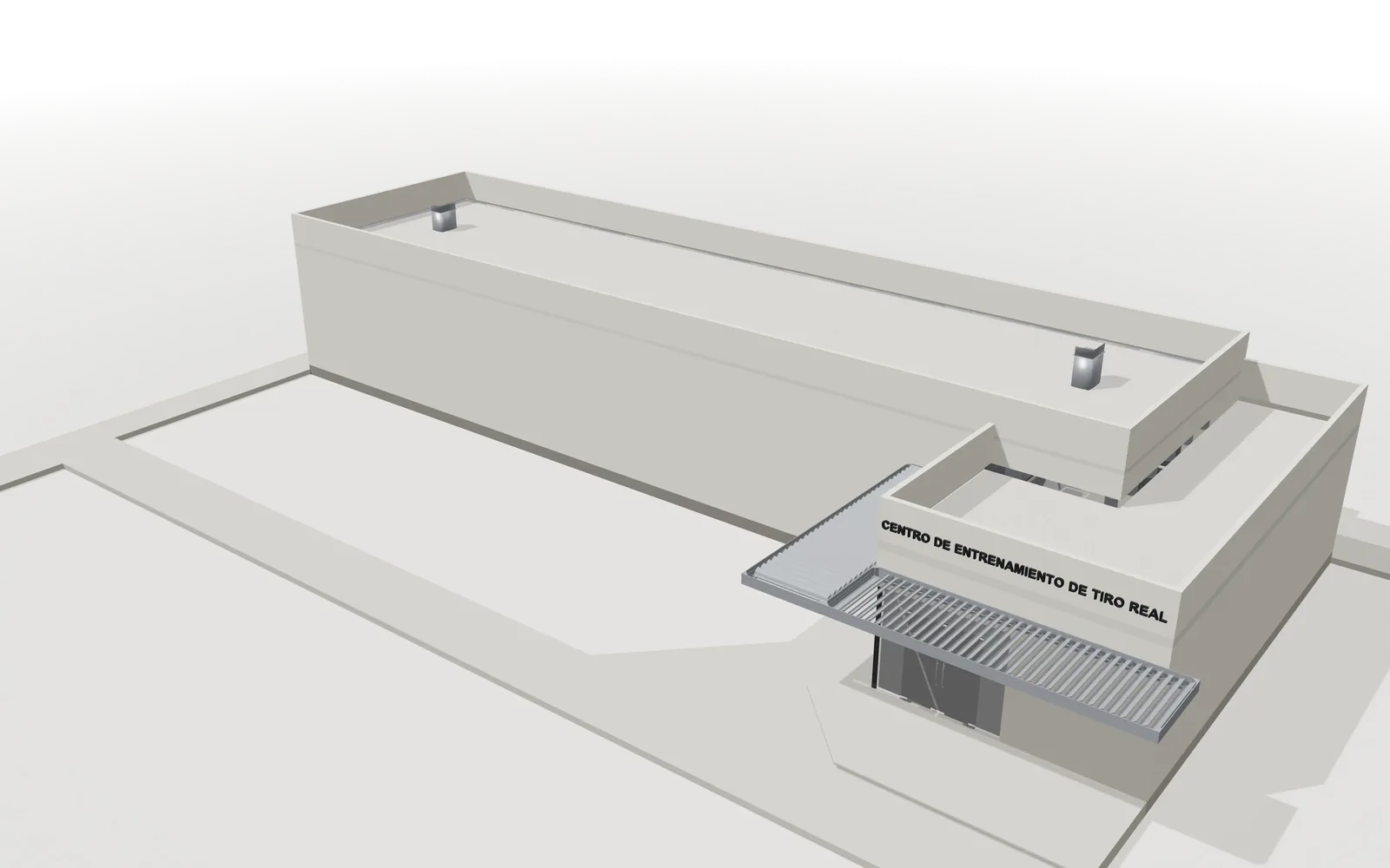 Stand de tiro real en 3D: edificio con cabinas de tiro, carriles con blancos móviles, cuarto de control, trampa de bala y ventilación