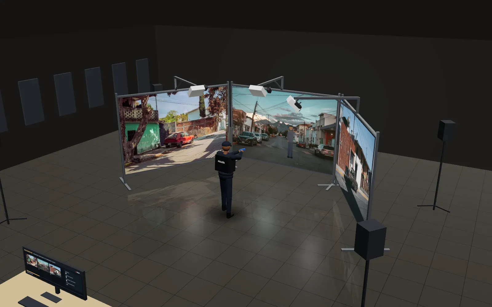 Virtual shooting range in 3D: three projection screens around a police officer training with a blue gun, projectors and control center