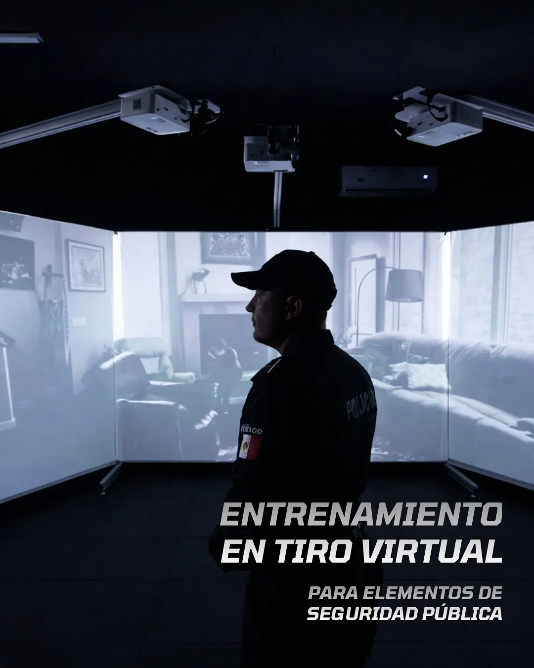 Police officer standing in front of the screens of a virtual shooting range: virtual shooting training for public security personnel